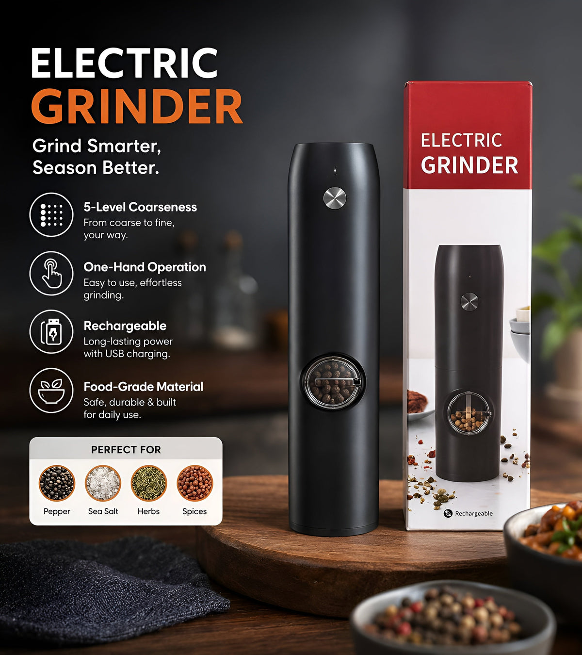 Electric Salt and Pepper Grinder Set Rechargeable Electric Dried Spice Mills Adjustable Coarseness Automatic Grinder, One Handed Operation with Type